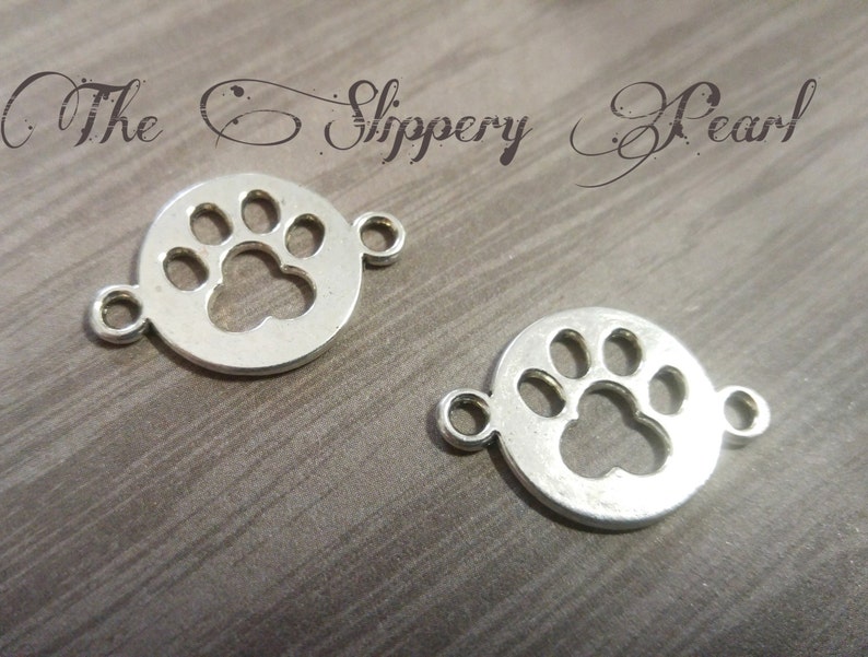 Paw Print Charms Connectors Links Antiqued Silver Dog Themed Jewelry Making Supplies Paw Charms 2 Hole Links 10pcs image 1