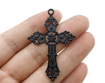 Colgante de cruz grande, dije de cruz negra, estilo vintage, colgante focal, dije religioso, cruz ornamentada, 57 mm