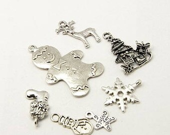 Christmas Charms Antiqued Silver Pendants Assorted Charms Wholesale Charms Themed Charms Mixed Lot 8 pieces
