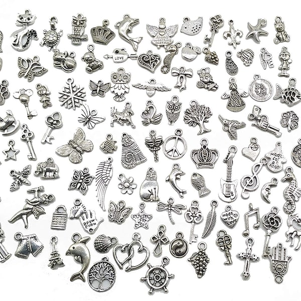 Bulk Charms Pendants Antiqued Silver Assorted Charms Pendants Grab Bag Large Lot Wholesale Charms Mixed Charms Set 100pcs