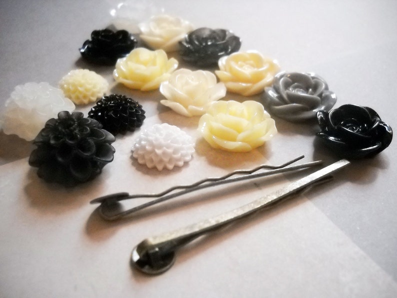 Bobby Pins Flower Cabochons Hair Pins DIY Kit Makes 15 Finished Bobby Pins Hair Accessories Flower Flatbacks Silver Bobby Pins Kit YOU PICK image 1