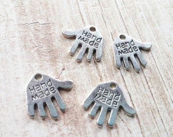 Hand Charms Handmade Charms Silver Jewelry Tags Word Charms Jewelry Charms Silver Hand Charms Hand Made Charms 20 pieces