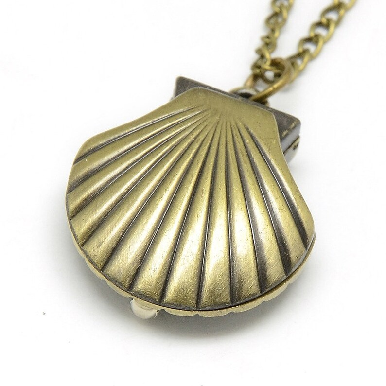 May include: A gold-toned seashell pendant necklace with a chain. The seashell is detailed with a ribbed texture and has a hinged opening.