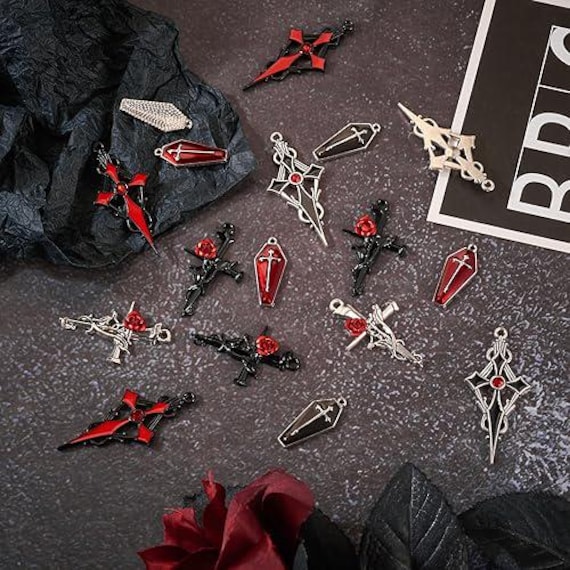 Cross Charms Gothic Cross Pendants Black Cross Jewelry Halloween Pendants  Assorted Lot Mixed Death Charms Bulk Set 24pcs Enamel Charms