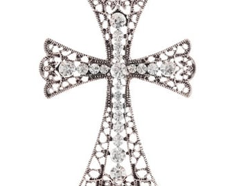 Large Cross Pendant Silver Cross Pendant Crystal Cross Charm Large Cross Clear Rhinestone Focal Pendant 2 3/4"