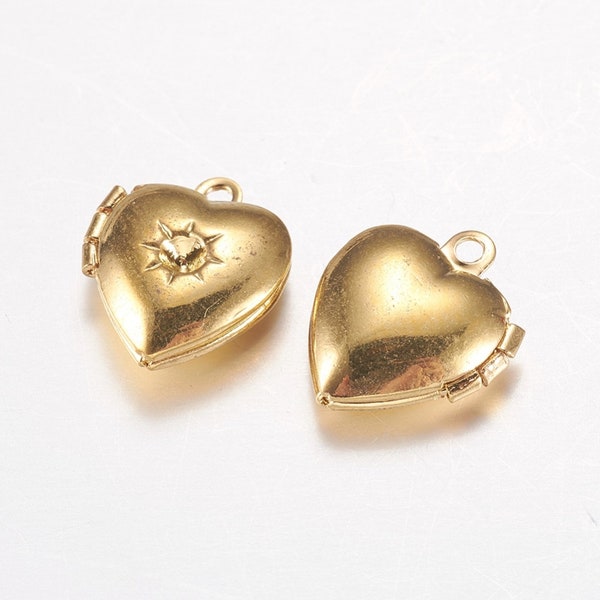 Small Heart Lockets Set Rhinestone Setting Photo Locket Pendants Brass Lockets Gold Heart Lockets 12mm 2pcs