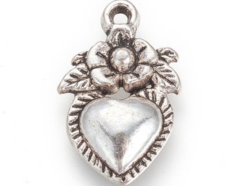 Heart Charms-Antiqued Silver Flower Heart Charms-Love Jewelry Making Supplies-Valentines Day-18mm 10pcs