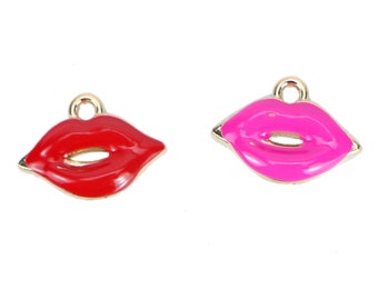 Lips Charms Enamel Charms Gold Enamel Charms Valentine's Charms Lipstick Charms Set Gold Charms 2pcs