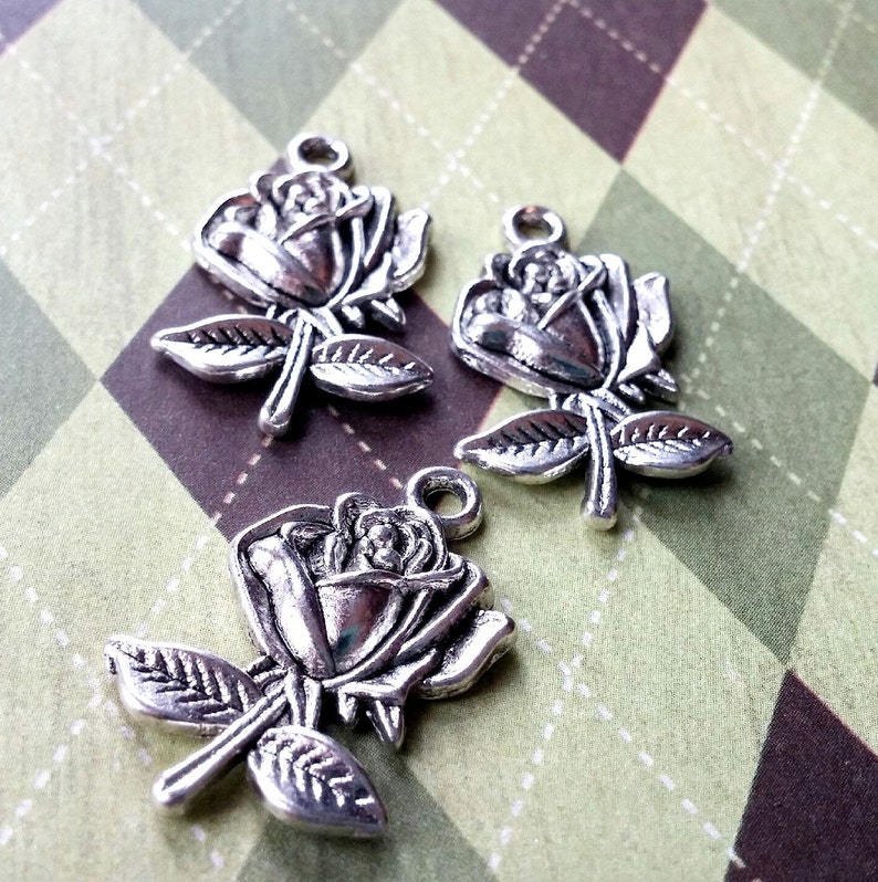 Rose Charms Rose Pendants Antiqued Silver Rose Charms Silver Charms Silver Pendants Flower Charms Ornate Design Silver Flowers 10 pieces image 2