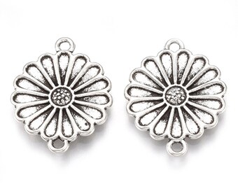 Daisy Charms Daisy Flower Connectors Antiqued Silver Flower Links Daisy Pendants 2 Hole Charms 6pcs