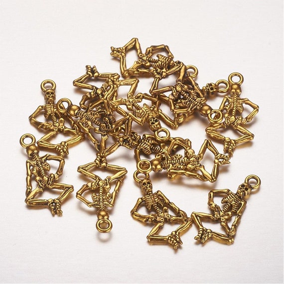 Skeleton Charms Skeleton Pendants Halloween Charms Antiqued Gold Skull Charms Gothic Charms Gothic Pendants Gold Charms 10pcs 26mm