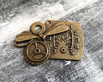 Clock Pendant Gear Pendant Steampunk Pendant Steampunk Gears Steampunk Dragonfly Pendant Antique Bronze Pendant Clock Charm