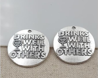 Drinking Pendants Antiqued Silver Quote Charms Word Charms Funny Quote Charms Wine Charms Drinks Well with Others 20pcs BULK