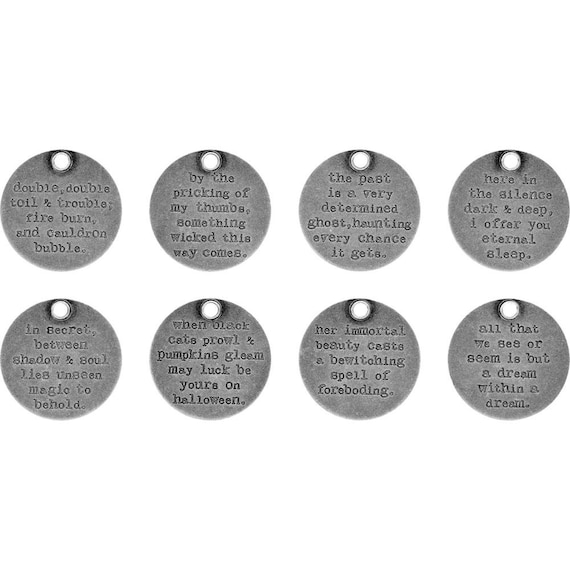 8 Quote Charms Antique Silver Tone Word Pendants Halloween Tags Assorted Lot 