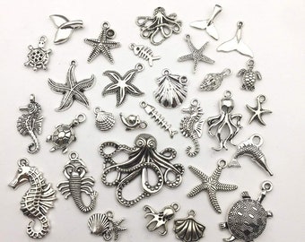 Ocean Charms Antiqued Silver Charms Nautical Charms Sea Animal Charms Ocean Pendants Assorted Charms Set 55pcs BULK