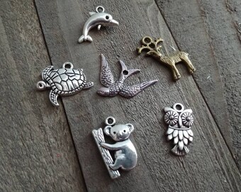 Animal Charms Set Assorted Charms Themed Charms Lot Mixed Charms Animal Pendants Antiqued Silver Bronze Charm Turtle Charm Koala Charm 6pcs