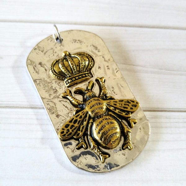 Queen Bee Pendant Dog Tag Pendant Two Tone Pendant Antiqued Gold Antiqued Silver Queen Bee Charm PREORDER