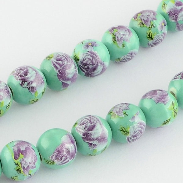 Floral Porcelain Beads Green Porcelain Beads 10mm Beads 10mm Porcelain Beads Flower Beads Set 10pcs