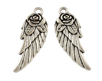 Angel Wing Charms Silver Angel Wings Silver Angel Charms Wing Pendants Rose Wing Charms Antiqued Silver 10pcs