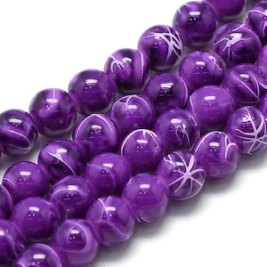 Glass Beads Bulk Beads Purple Glass Beads 8mm Beads Purple Striped Beads 8mm Glass Beads Wholesale Beads 50pcs