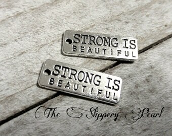 Quote Charms Pendants Word Charms Antiqued Silver Strong Is Beautiful Rectangle Message Charms 10 pieces 27mm Inspirational Quote Charms