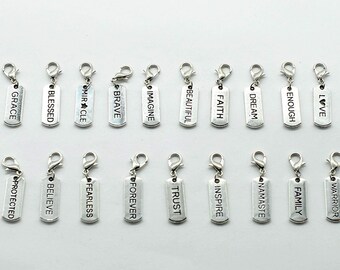 Clip On Charms Antiqued Silver Word Charms Inspirational Charms Silver Charms Word Pendants Charms with Clasps 20pcs