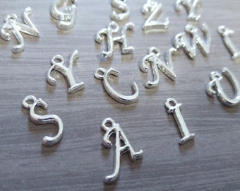 Alphabet Charms Letter Pendants Script Letter Charms Shiny Silver Letter Charms Initial Charms Assorted Set Fancy Font 12-17mm 10 pieces