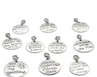 Clip On Charms Antiqued Silver Word Charms Inspirational Charms Silver Charms Word Pendants Charms with Clasps 10pcs