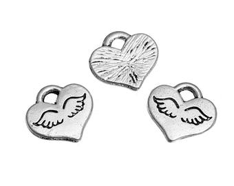 Heart Charms Angel Wing Charms Heart with Wings Silver Heart Charms Silver Wing Charms Angel Charms Heaven Charms 4 pieces