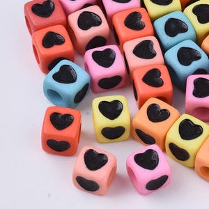 Heart Beads Acrylic Heart Cube Beads Spacer Beads Bulk Rainbow Beads 50pcs 7mm
