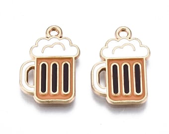 Miniature Beer Charms Tiny Mug Charms Beer Pendants Enamel Charms Gold Enamel Pendants 2pcs 19mm