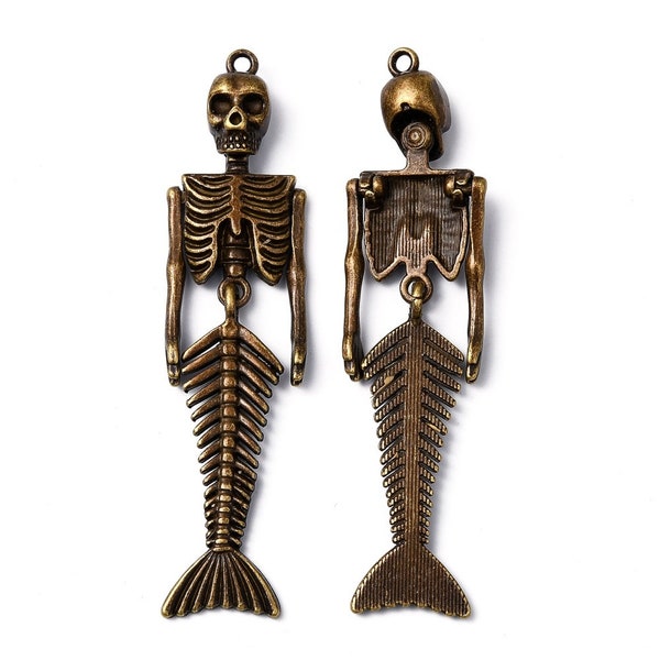Large Mermaid Pendant Antiqued Bronze Mermaid Skeleton Moveable Pendant Skeleton Pendant Focal Piece 2 7/8"
