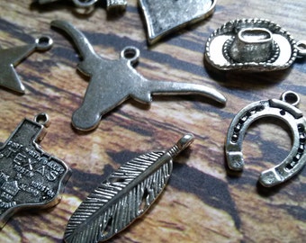 Assorted Charms Western Pendants Texas Charms Western Charms Texas Pendants Antiqued Silver Charms Set Themed Charms 8 pieces