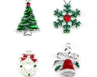 Christmas Charms Set Enamel Charms Assorted Charms Silver Enamel Charms Mixed Charms Themed Charms 4pcs