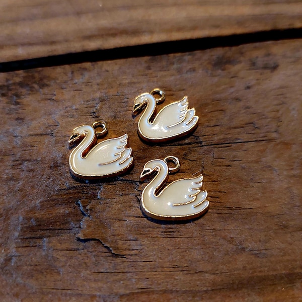 White Swan Charms Swan Pendants Enamel Charms White Enamel Pendants Gold Charms Animal Charms 3pcs PREORDER