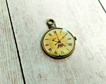 Clock Pendant Antiqued Bronze Clock Charm Enamel Charm Steampunk Pendant Roman Numerals Pocket Watch Miniature Clock