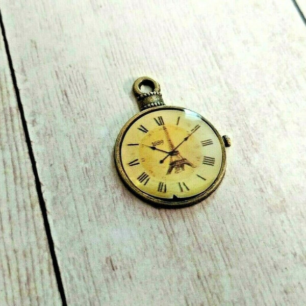 Clock Pendant Antiqued Bronze Clock Charm Enamel Charm Steampunk Pendant Roman Numerals Pocket Watch Miniature Clock