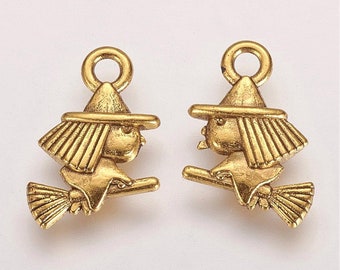 Witch Charms Antiqued Gold Witch Charms Halloween Charms 2 Sided Witch on Broom 10pcs