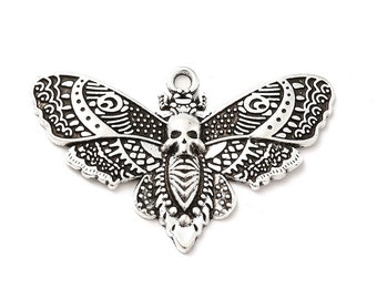 Moth Pendant Skull Charm Death's Head Hawk Nature Jewelry Antiqued Silver Focal Piece 43mm