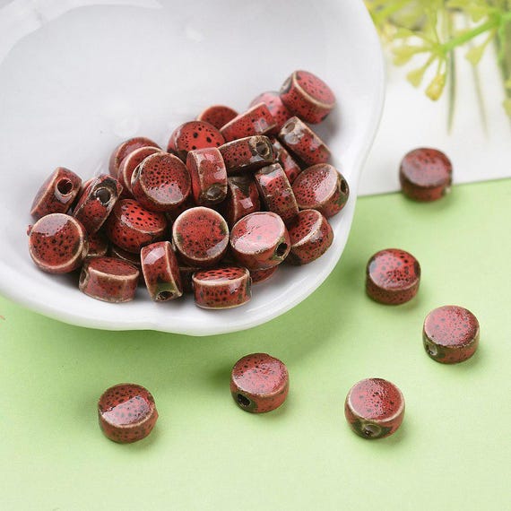 Porcelain Beads 9mm Beads 9mm Porcelain Beads Glazed Porcelain Beads Flat Beads Round Beads Red Beads Green Porcelain Beads 10pcs