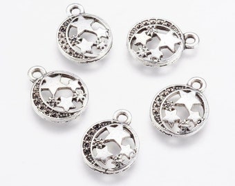 Breloques étoiles de lune, argent vieilli, Breloques lune, breloques étoiles, breloques étoile en argent, breloques célestes, lot de 5 pièces