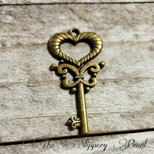 Skeleton Key Pendant Key Charm Heart Key Charm Bronze Key Charm Bronze Charm Steampunk Key Charm Steampunk Supplies Bronze Pendant 1.53&quot;