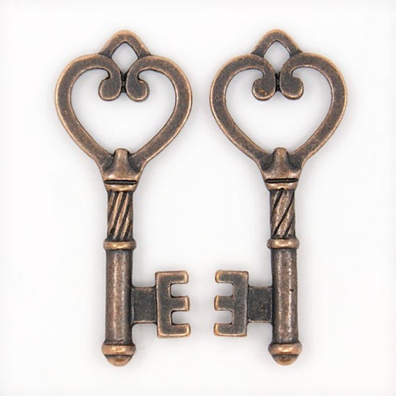 10 Heart Key Pendants Key Charms Antiqued Silver Skeleton