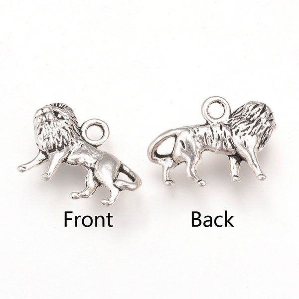 Lion Charms Antiqued Silver African Animal Pendants 2 Sided Silver Charms 4 pieces