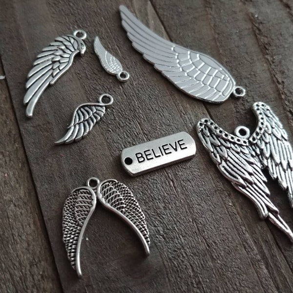 Angel Wing Charms Set Antiqued Silver Angel Charms I Believe In Angels Word Charm Assorted Charms Themed Charms Lot 7pcs