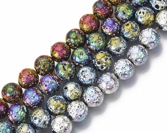 Cuentas de lava electrochapadas, cuentas arcoíris de 11 mm, piedra de lava natural, juego mixto de 10 unidades