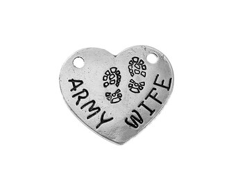 Army Wife Charm Army Charm Army Wife Pendant Silver Heart Pendant Word Charm Pendant Connector Heart Link