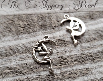 Fairy Charms Silver Fairy Charms Moon Charms Fairy Tale Charms Fairy Moon Charms Silver Charms Pixie Charms Fairy Pendants 6 pieces