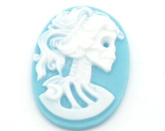 Skeleton Cameo Cabochons Gothic Cameo Skull Cameo Skeleton Cabochons Lolita Cameo Skeleton Lady Cameo Oval Cabochons 25x18 Cabochons Blue