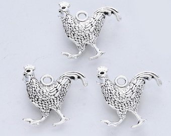 Chicken Charms Antiqued Silver Rooster Pendants Farm Animal Charms 2 Sided Charms Silver Charms Set Farm Charms 4 pieces